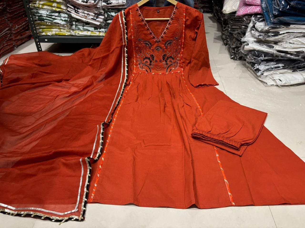 Orange Natra Cut Embroidered Kurta Set